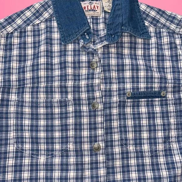 Vintage blue & white plaid button up blouse - Picture 5 of 8
